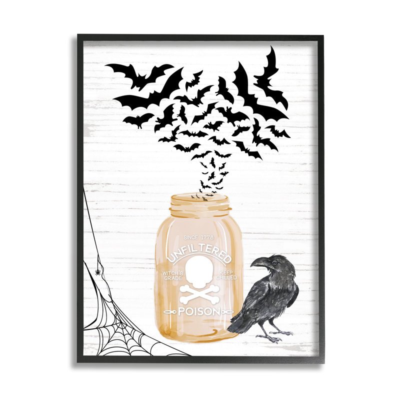 «Spooky Bats Flying Black Raven», toile d'araignée encadrée noire, art texturé par lettres et lignes