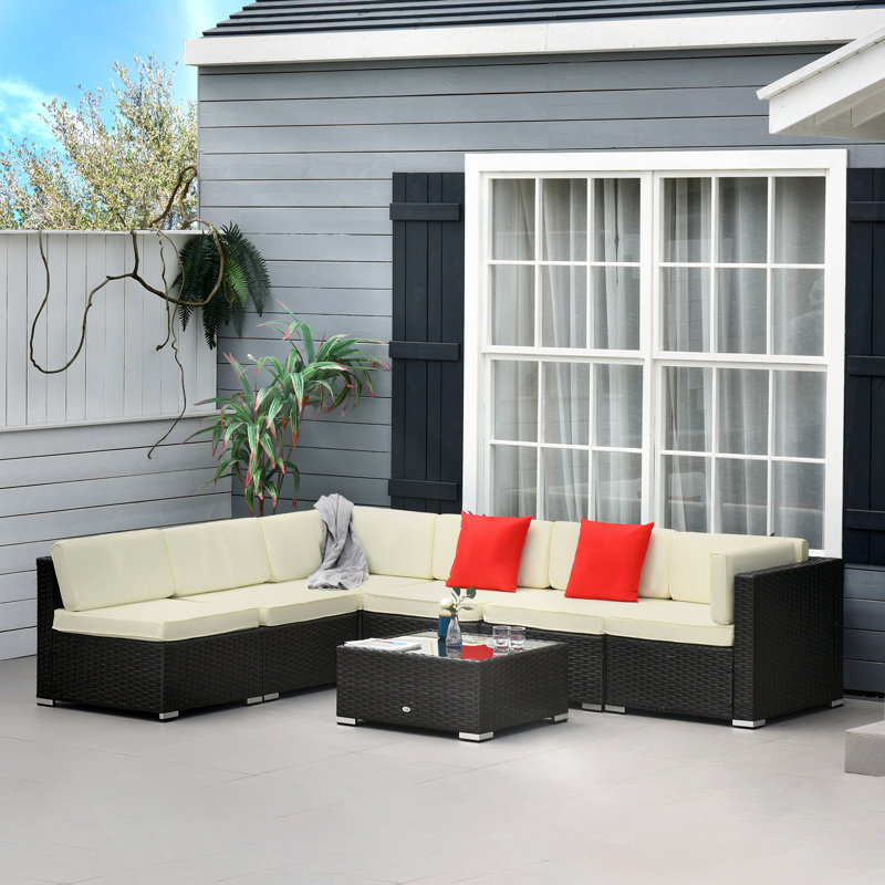 Ensemble de mobilier d'extérieur en rotin 7 pièces avec table basse, blanc crème