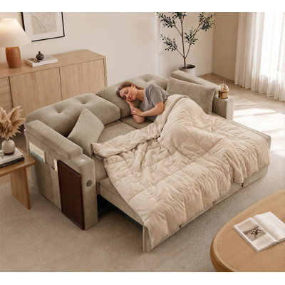 73'' 3-in-1 Convertible Sleeper Sofa, Folding Sofa Bed with 360° Swivel Side Table, Soft Chenille Upholstery, Modern Couch, Khaki