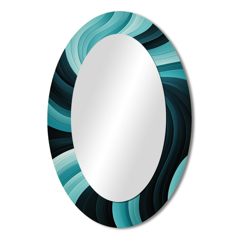 Turquoise Black Opt Art In - Teal Modern Oval Wall Mirror, 36" x 24"