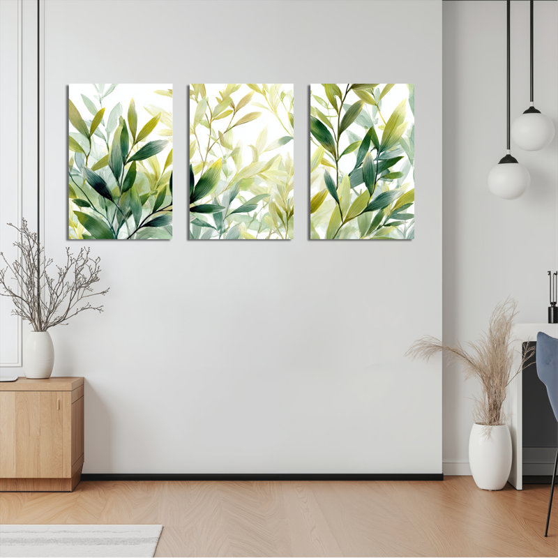 Ensemble de 3 tableaux sur toile à motif botanique de feuilles vertes pour la décoration du salon, H 18 po x l 36 po
