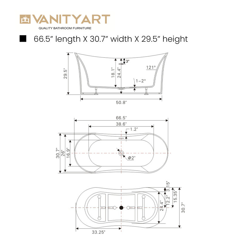 67" x 31" Freestanding Soaking Bathtub, Pure White