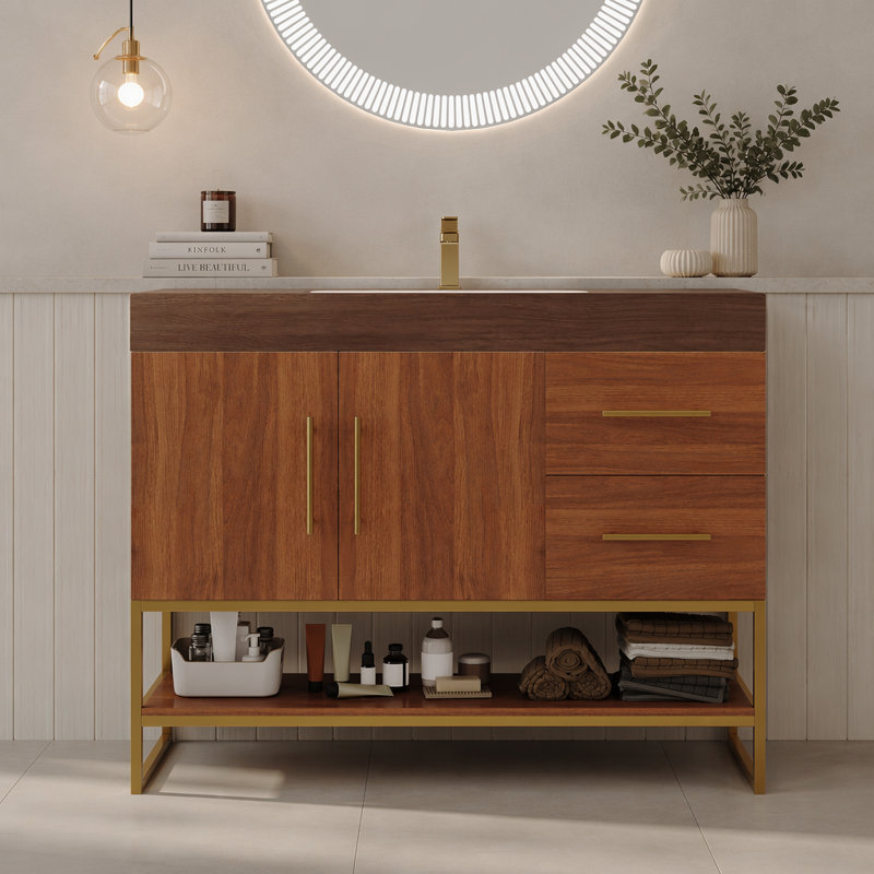 Meuble-lavabo moderne avec lavabo en céramique sans couture et armoire autoportante, Noyer, Noyer