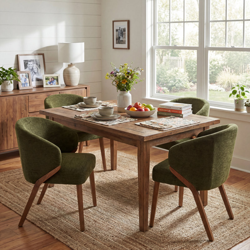 Modern Dining Chairs, Upholstered Fabric Side Chair With Wooden Legs For Kitchen And Dining Room, Green, Green, 4