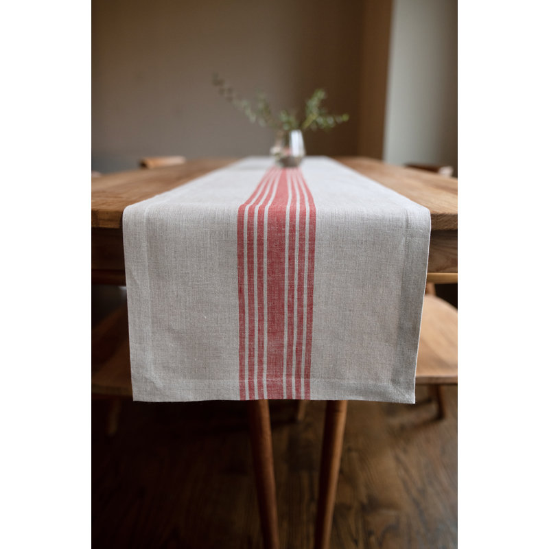 Farmhouse - 100% Pure Linen Table Runner, 60" x 14", Red/Natural