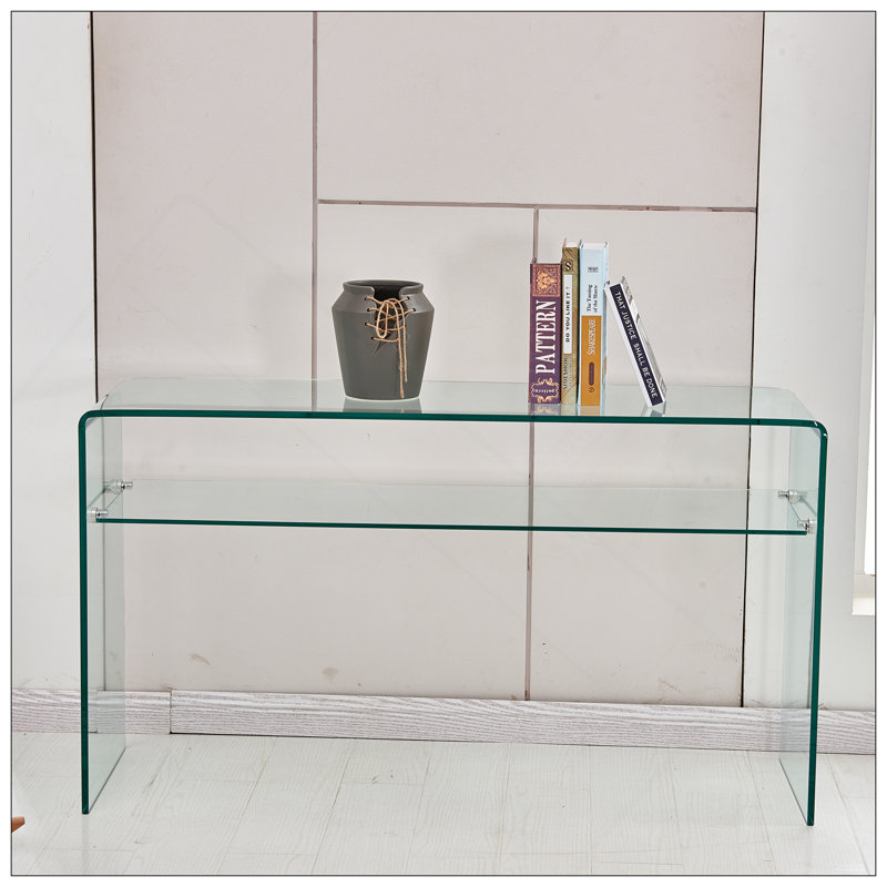 Console en verre, console en verre trempé transparent avec bureaux à bords arrondis, table de canapé