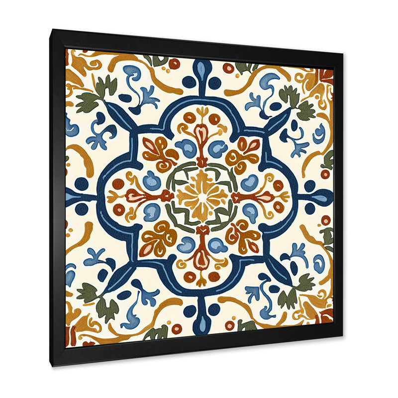 Carrelage méditerranéen rétro bleu IV - art mural abstrait, Impression noire sur toile encadrée, L 30 po x H 30 po