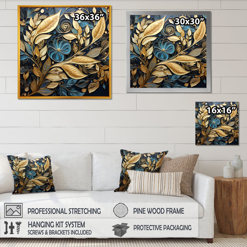 «Black and Gold Leaf Charm In Winter II», reproduction sur toile, Cadre doré simple, H 16 po x l 16 po x P 1 po