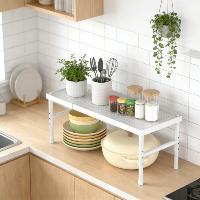 Expandable And Stackable Kitchen Organizer Rack, Adjustable Metal Pantry Shelf For Cabinet, Countertop, And Bathroom Storage