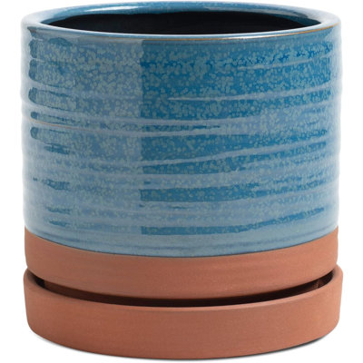 Pot à fleurs en céramique 6 "avec drain et soucoupe bleu turquoise et rouge terre cuite