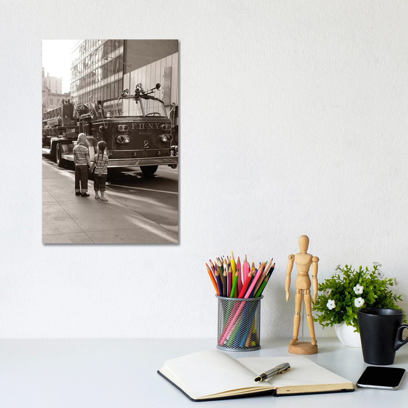 1970s 2 Children Boy Girl Holding Hands Looking at Fire Truck Parked on Street New York City 1 Piece Wrapped Canvas Wall Art