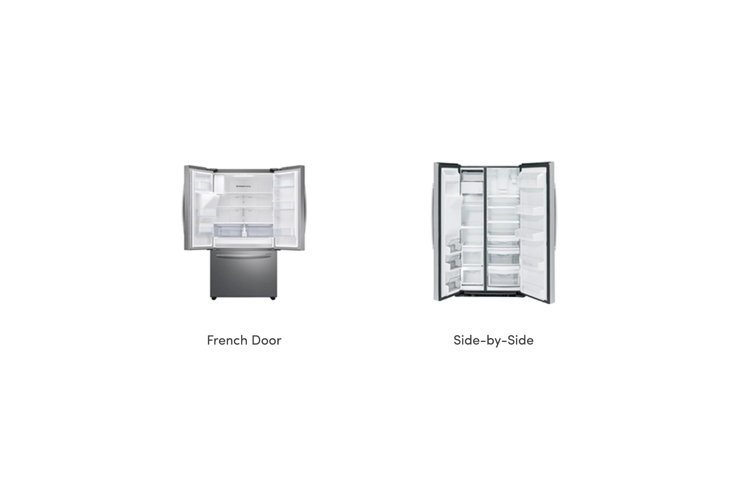 collage comparing the interior design of French door refrigerators and side-by-side refrigerators