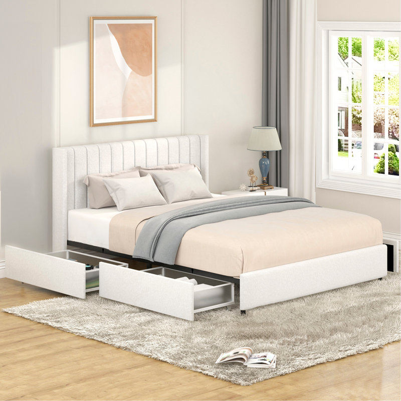 Lit plateforme tapissier ivoire avec rangement et support pour matelas Ivory Boucle