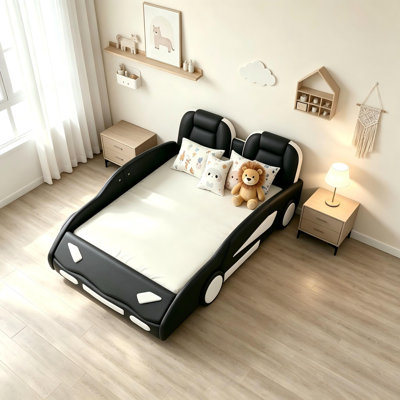 Lit plateforme simple en forme de voiture de course avec garde-corps et roues, structure en bois de pin massif, pour enfants, noir.
