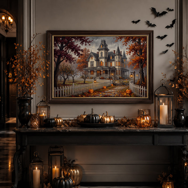 Toile victorienne avec feuilles d'automne et Jack O Halloween, H 16 po x l 24 po