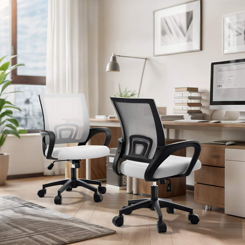 Pierfranca Ergonomic Mid-Back Mesh Office Chair Adjustable Swivel Desk Chair with Armrests and Lumbar Support, White
