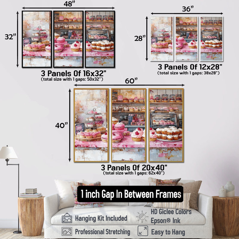 Rose et rouge Patisserie Paradise - ensemble d'art mural alimentaire, Toile avec cadre flottant noir