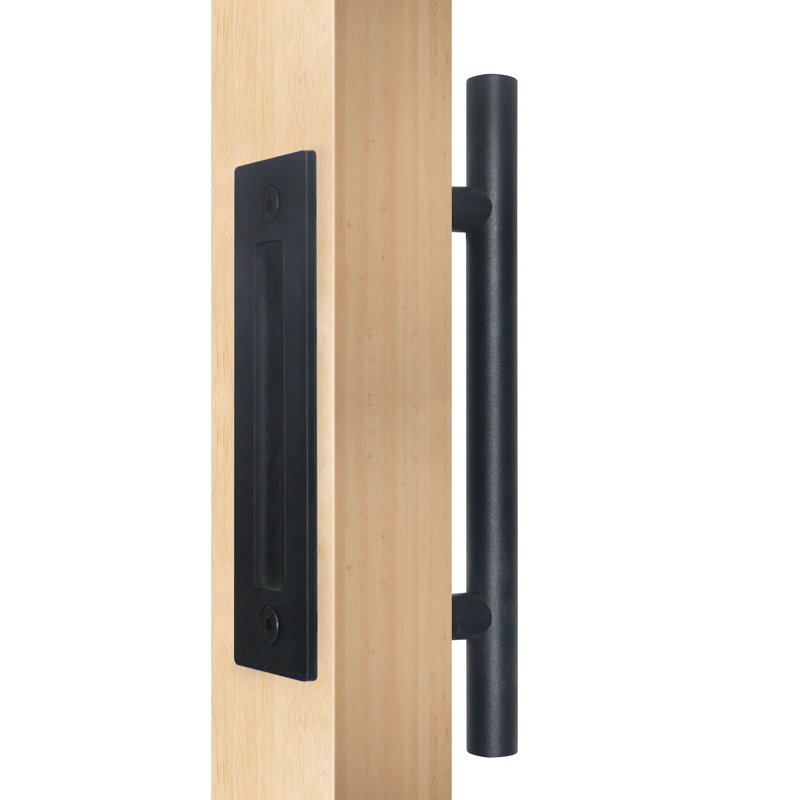 Matte Black and Brushed Steel Round Barn Door Handle Set