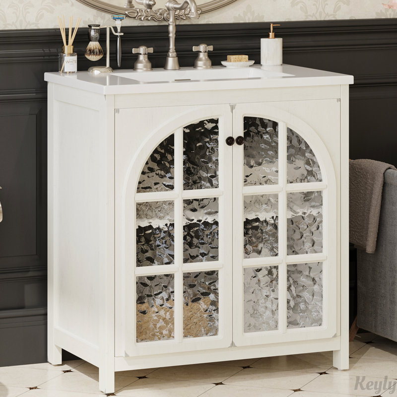 Meuble-lavabo 31 po avec lavabo en céramique et porte en verre trempé 31 po, Blanc antique