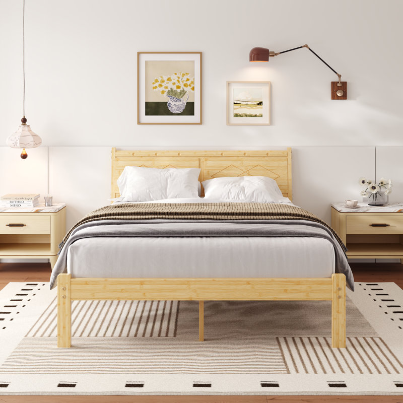 14 Inch Natural Bamboo Full Size Bed Frame, Warm Tone Modern Style Heavy-Duty Platform Bed with 98° Ergonomic Angled Headboard, Squeak-Free, No Box Spring Needed