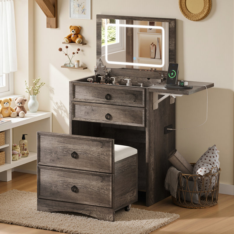  3-in-1 Small Farmhouse Makeup Vanity, Sliding Stool, Fold-up Panel, Divided Storage, Gray, Gray/Gray