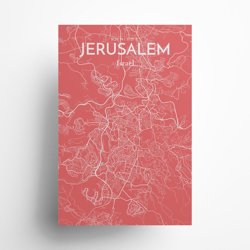 Carte de la ville de Jérusalem, impression de luxe, H 36 po x l 24 po, Rose / bleu pastel