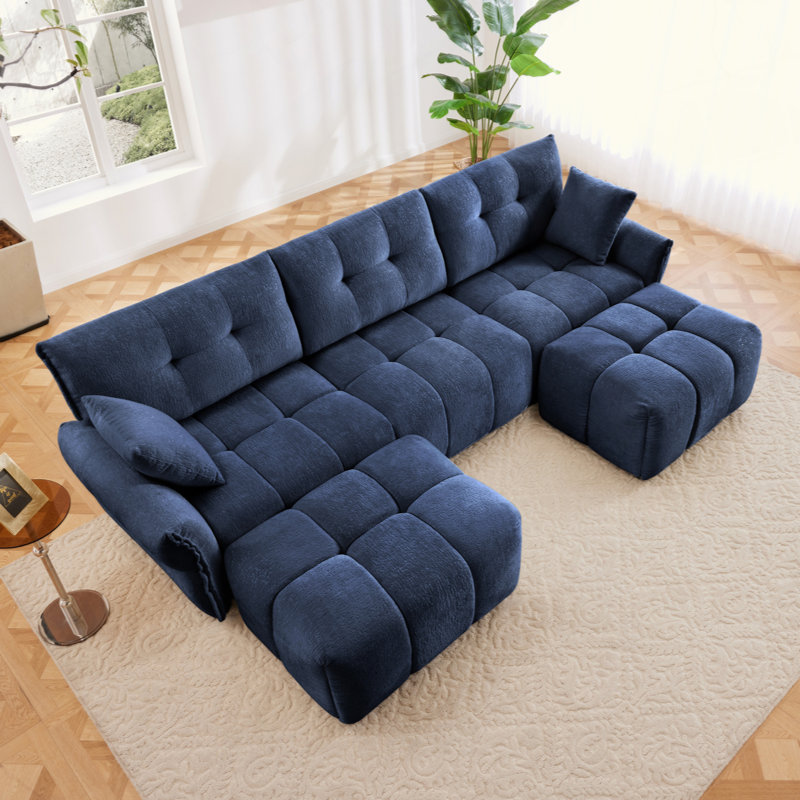 Canapé 4 places avec 2 repose-pieds, canapé à cadre en bois ou salon, bureau, hôtel, 3, Bleu