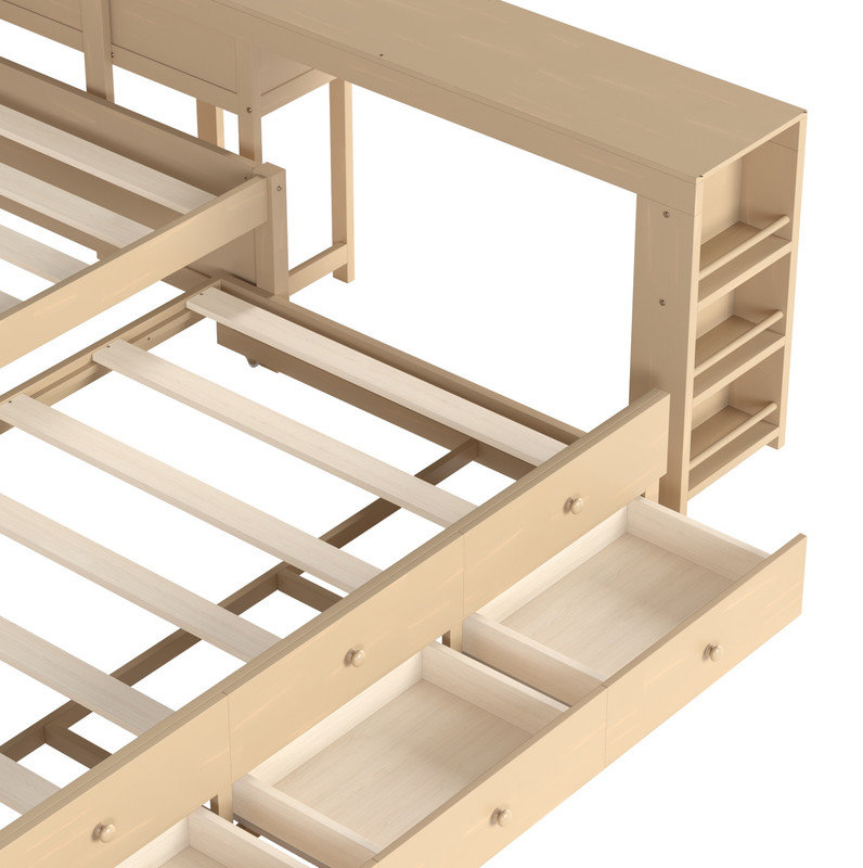 Full Size Daybed With Trundle,Wood Daybed Frame with Storage Drawers,Side Shelves and Desk,Golden, Natural, Full/Double