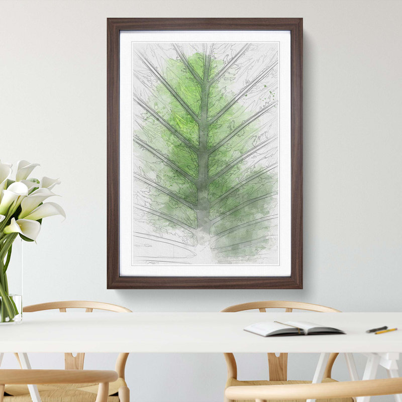 Green Leaf Lines in Abstract - Picture Frame Graphic Art Print on MDF, 87cm H x 62cm W x 2cm D, Walnut Framed