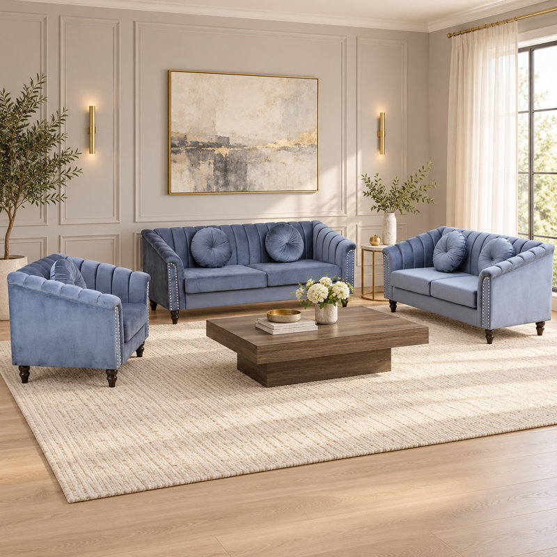 Light Blue 3-Piece Living Room Set with Channel-Tufted Sofa, Loveseat and Armchair, 3-Piece Set