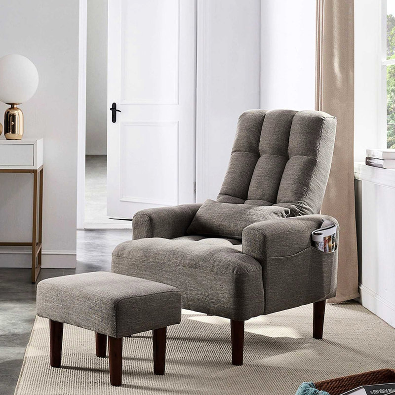 Chaise de salon grise avec fauteuil inclinable et coussins confortables en tissu doux