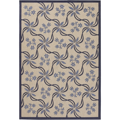 Leibowitz Authentic Machine Woven Blue, Tan Floral Blue Border Indoor/Outdoor Area Rug