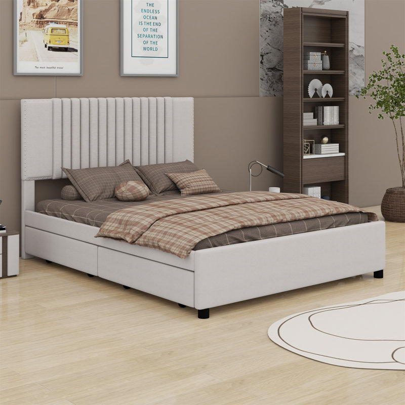 Upholstered Platform Bed with 2 Drawers and 1 Trundle, Classic Headboard Design, Full/Double, Beige