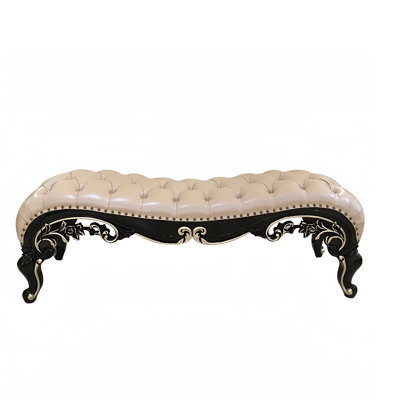 Carved Solid Wood Luxury End-of-Bed Bench Leather Match Upholstered Bench