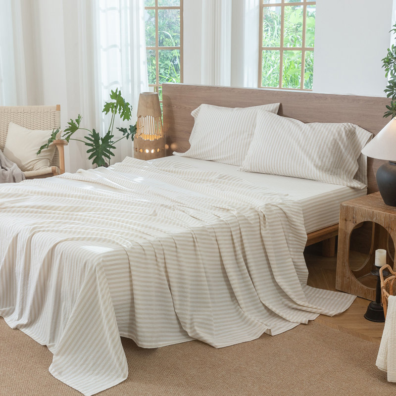 Ensemble de draps 100% coton lavé MooMee, Ensemble de draps pour très grand lit avec 2 taie