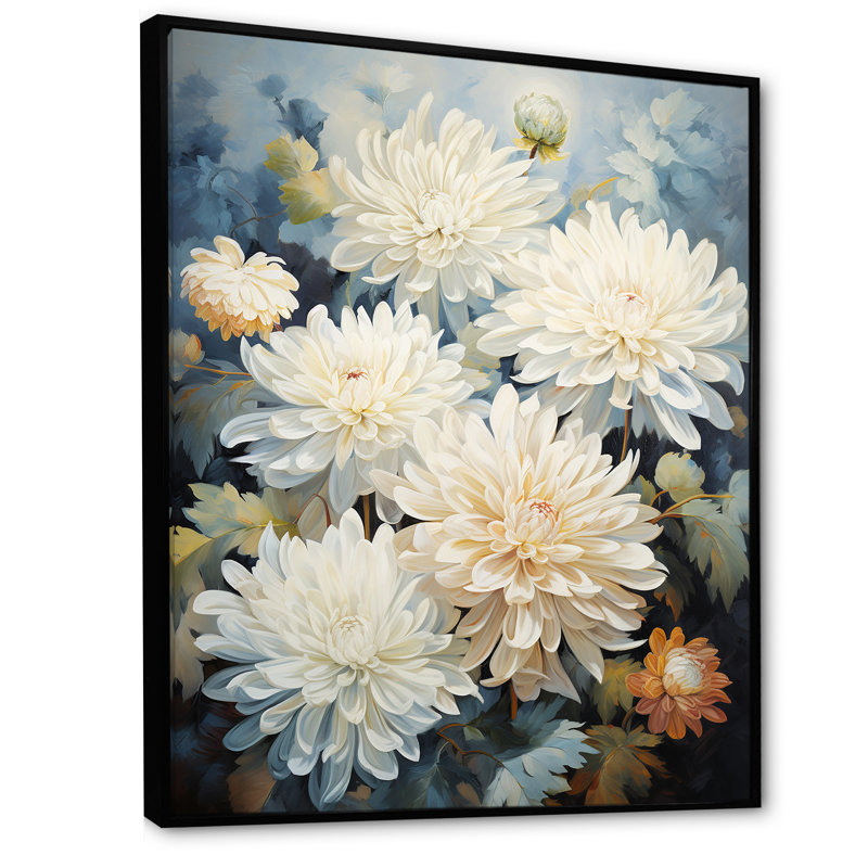 Blooming Mums en beige et bleu IV sur toile, Cadre flottant noir, H 32 po x l 24 po x P 1 po