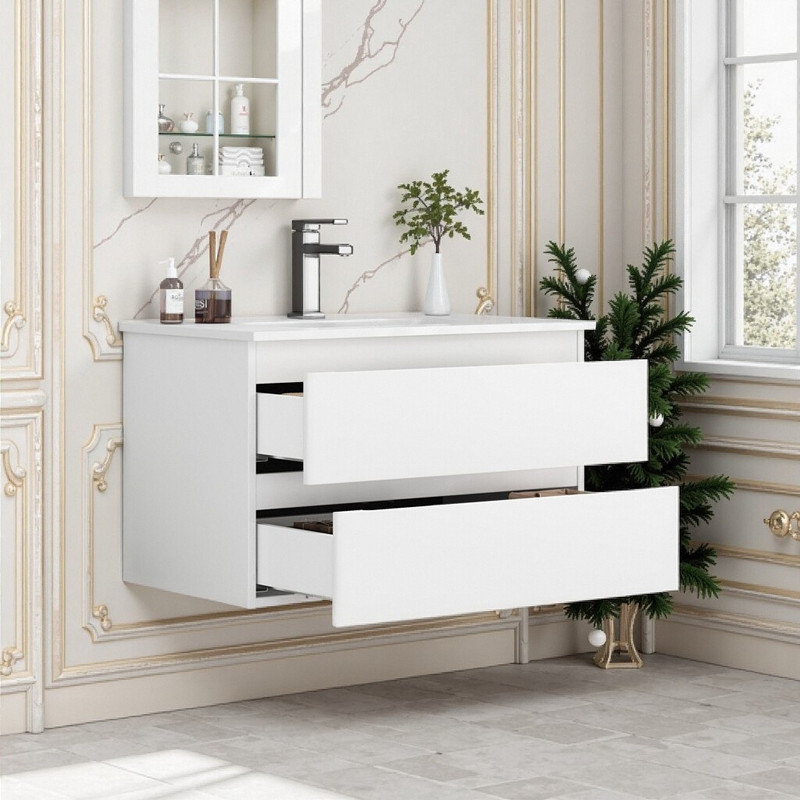 Meuble-lavabo mural Seren de 81 cm (32 pouces) en bois massif avec lavabo en céramique, double tiroir et système de fermeture amortie