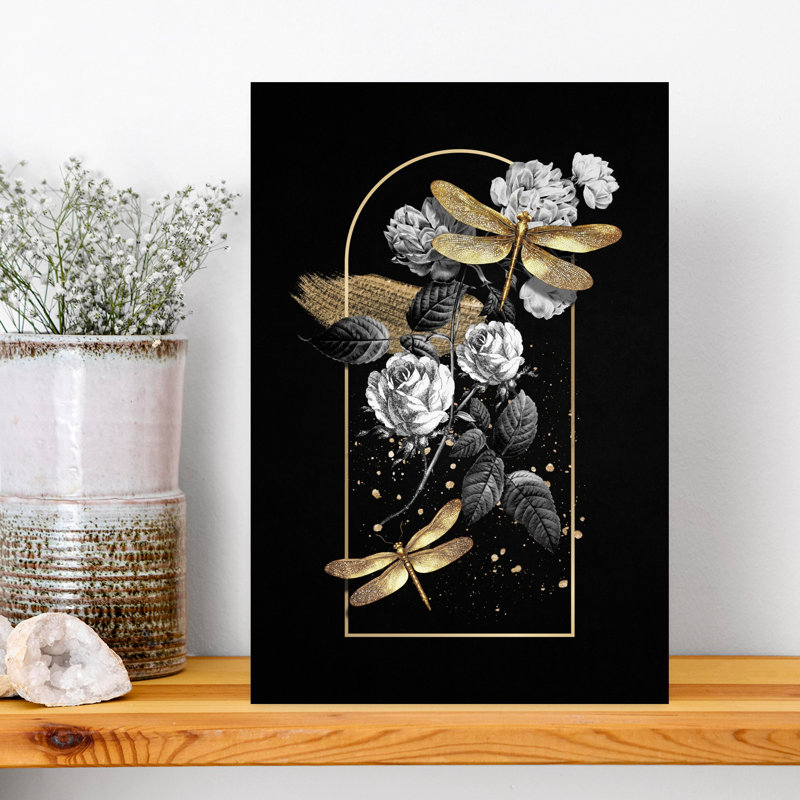 Art mural, libellule et roses dorées, H 18 po x l 12 po