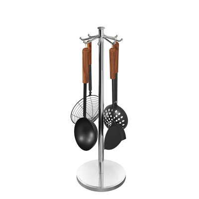 Kitchen Countertop Utensil Holder, Stainless Steel Rotatable Cooking Utensils Organizer With 8 Hooks, (Chrome)