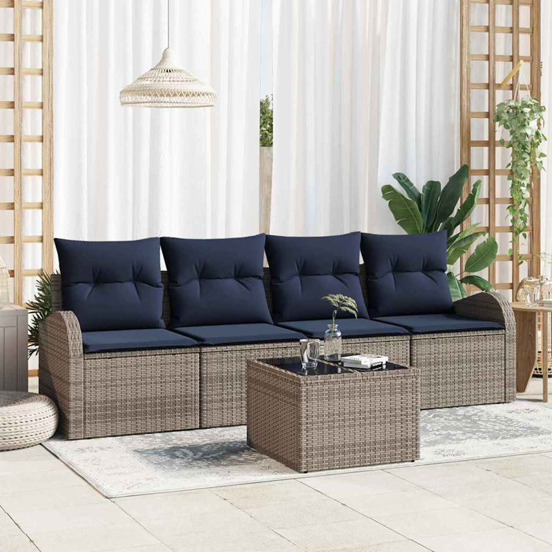  Garden Sofa Set 5 Pcs Grey 55 X 55 X 37 Cm Poly Rattan, Navy Blue Cushion/Grey Frame
