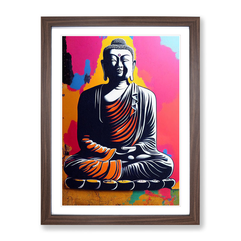 Colourful Buddha No.2 - Wall Art, 36cm H x 27cm W x 2cm D, Walnut Framed, White