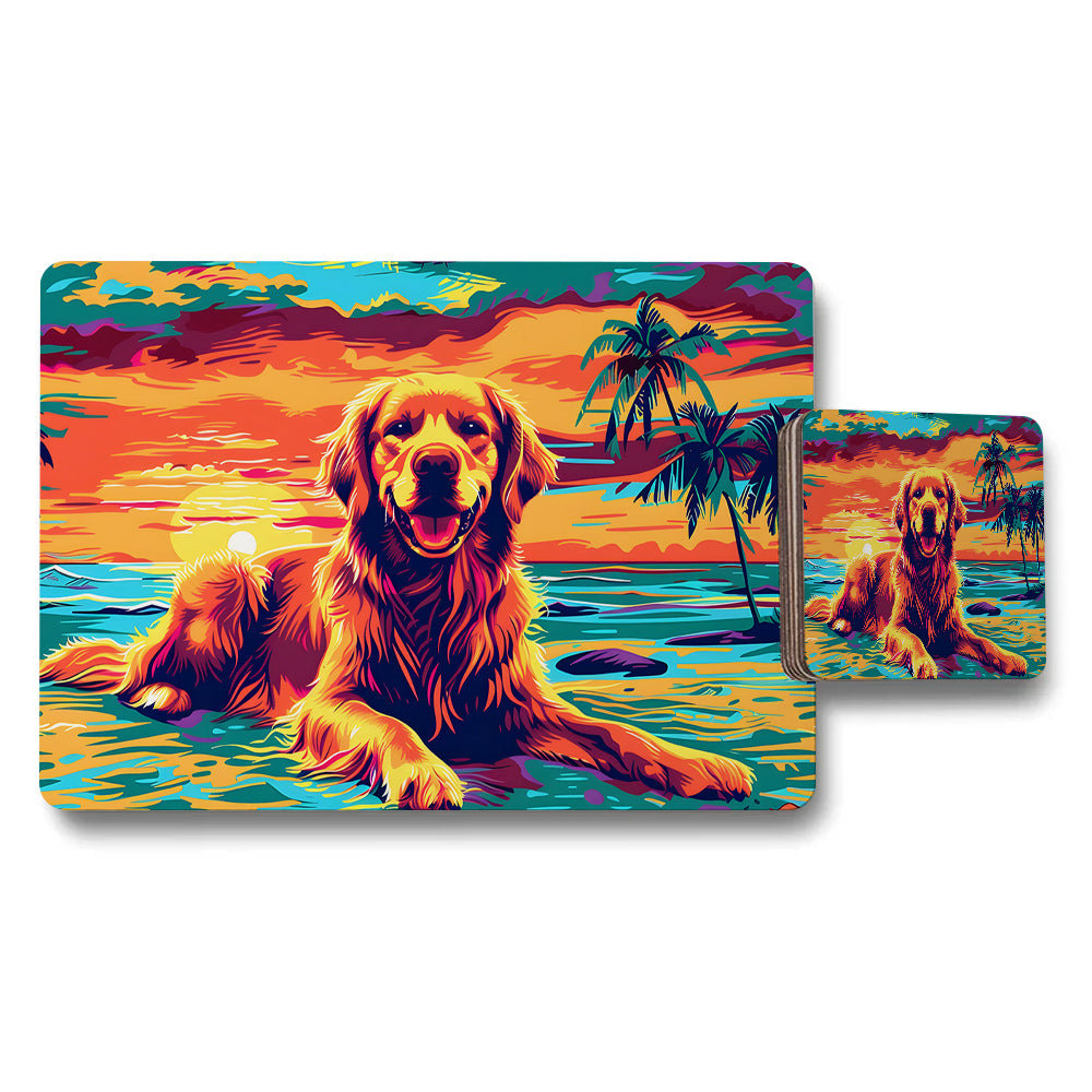Golden Retriever Placemats And Coasters Set With Tropical Sunset Beach Scene