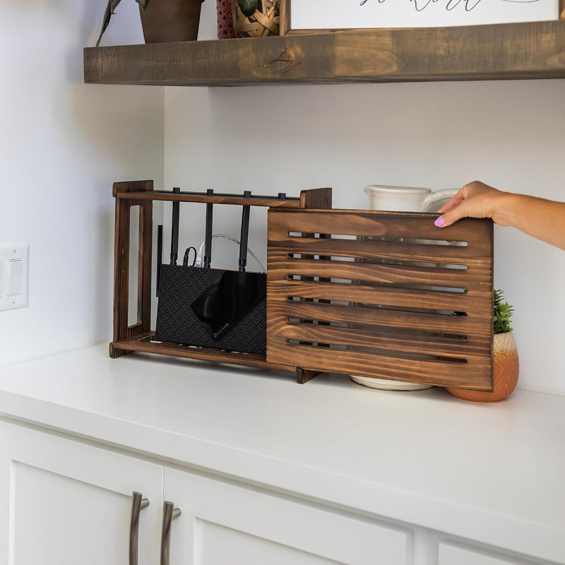 WiFi Router Storage Cabinet Dark Oak Pine Wood, Wall Mount Desktop Router Cover Shelf for Up To 11 Inch Routers