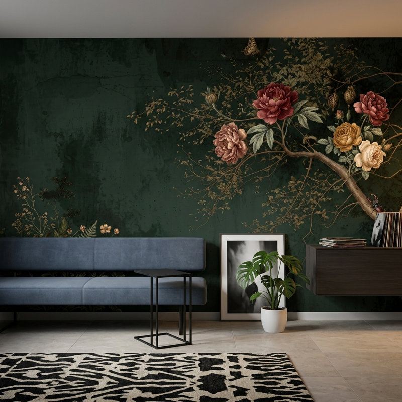Décoration murale amovible Moody Botanical, 140 po x 108 po, Texturé non collé