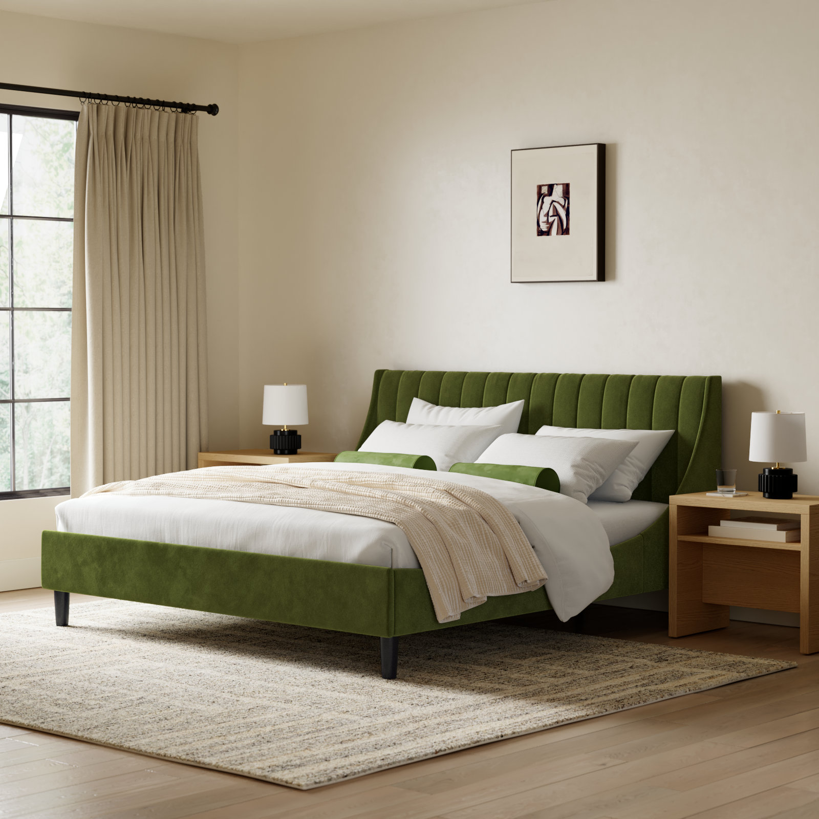 Helaina Velvet Upholstered Wingback Bed, King, Olive Green Velvet