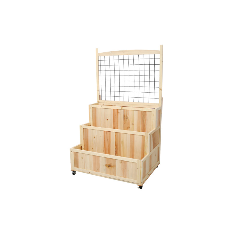 3-Tier Vertical Solid Wooden Planter with Grid Storage