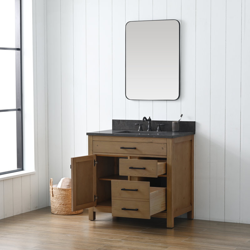 Ajiya 36" Single Bathroom Vanity Set, Textured Natural/Matte Black, Carrara White