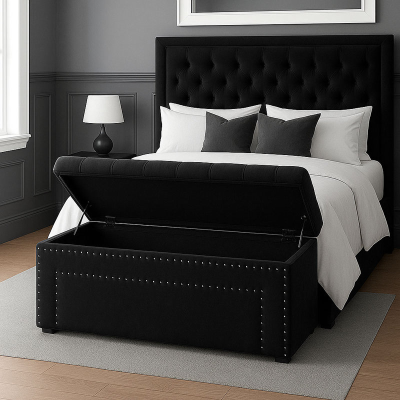 Duke Ottoman Storage Box - Chesterfield Upholstered Blanket Box - Plush Velvet Ottoman Bench with Storage, Black