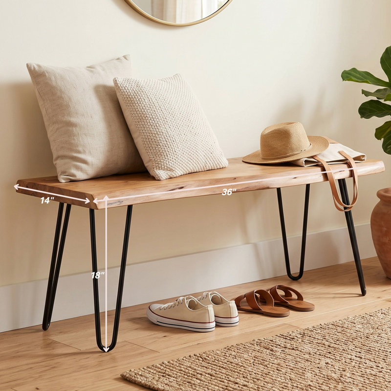Live Edge Acacia Wood Bench with Hairpin Legs, 36", 18" H x 36" W x 14" D