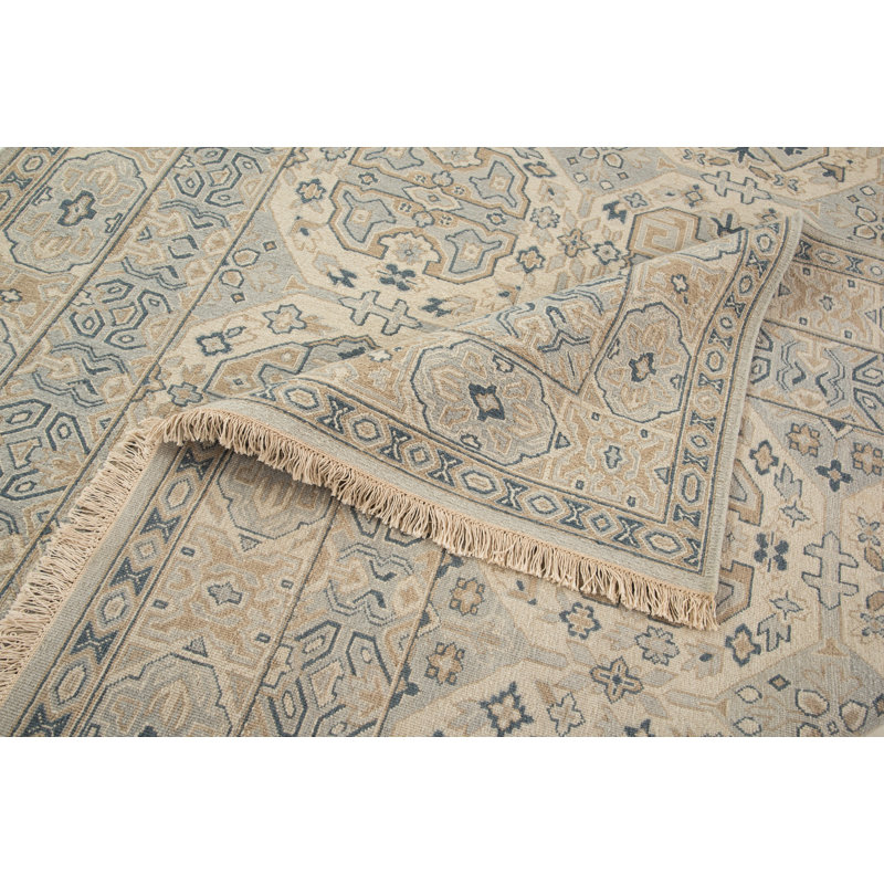 Tapis beige / bleu en laine tissé à plat à la main Soumak, Rectangle de 10 pi x 14 pi